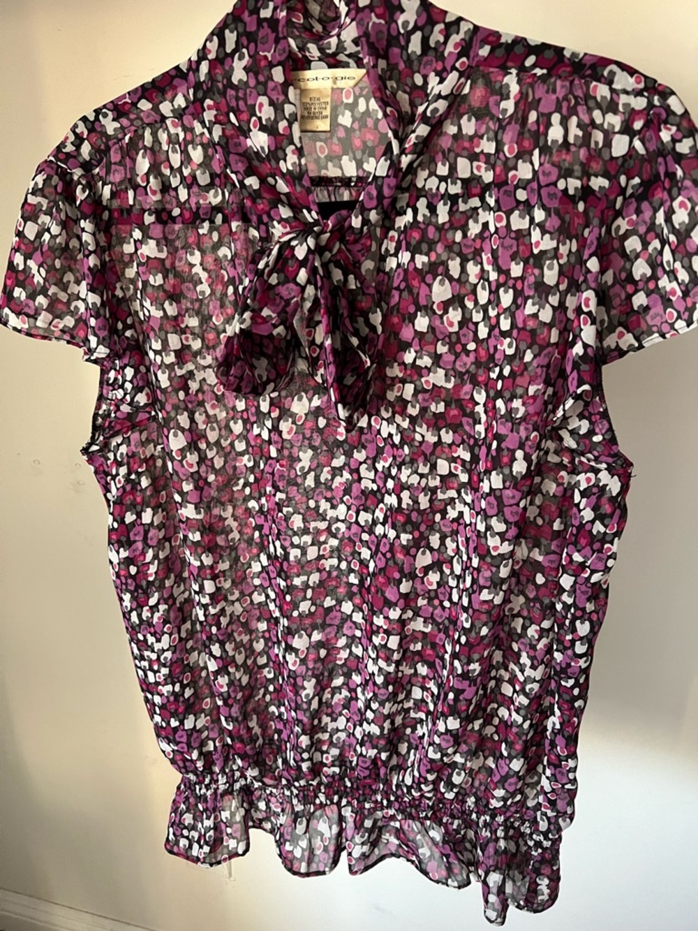 Ecologie Brand Women's Pink and Black Printed Tie-Neck Blouse with elastic hip